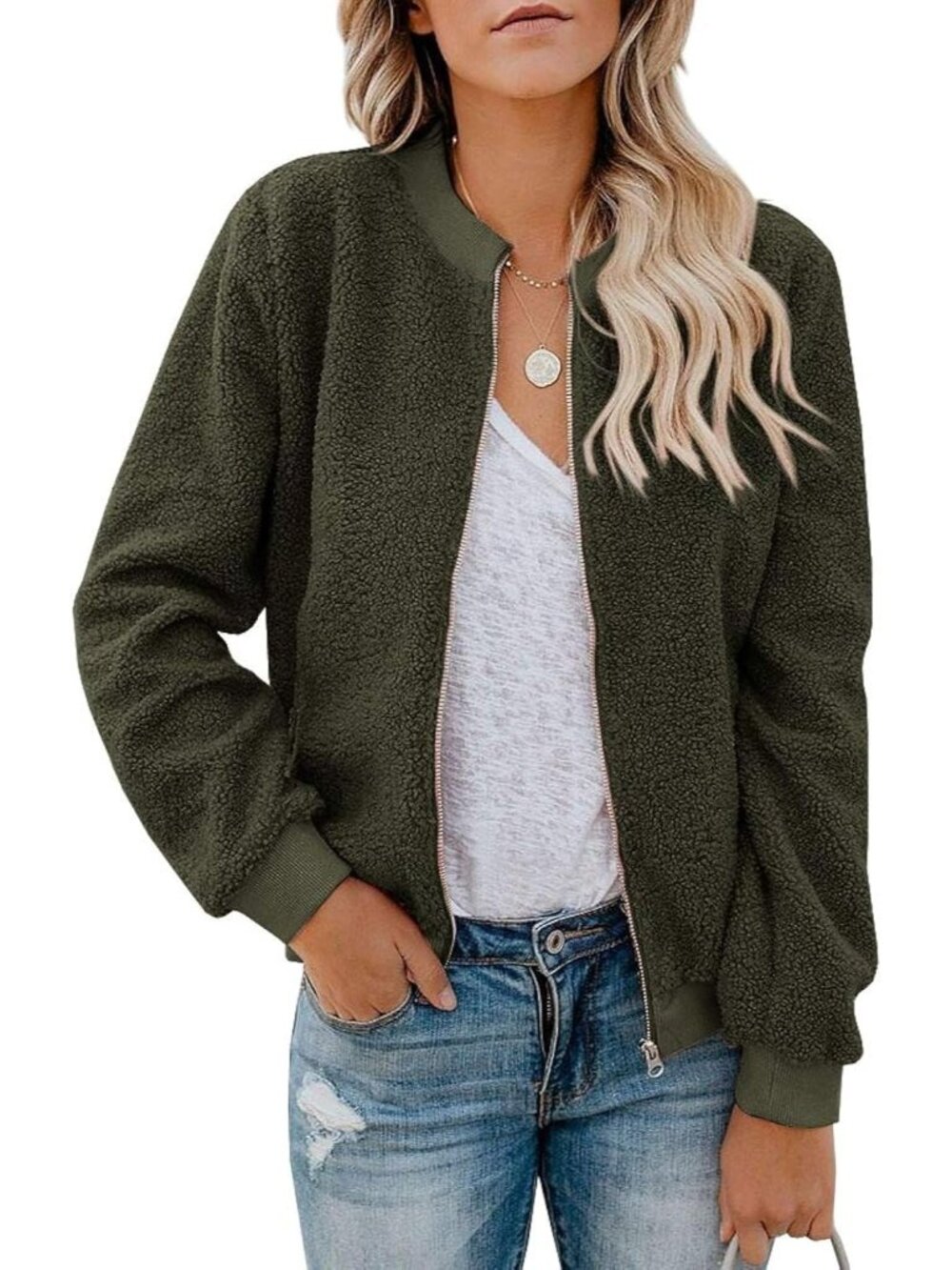 〽️Women's Green Winter Bomber Long Sleeve Faux Sherpa Fuzzy Casual Zip Coat
